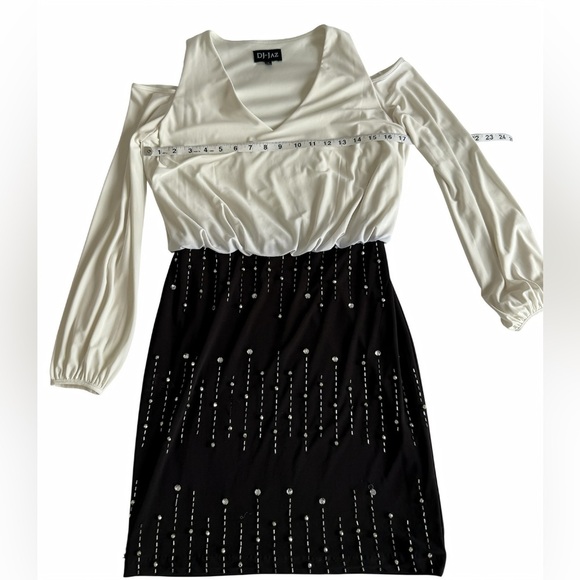 DJ-Jaz Black White Embellished Beaded Cold Shoulder Long Sleeve Evening Dress 4 - Picture 6 of 8